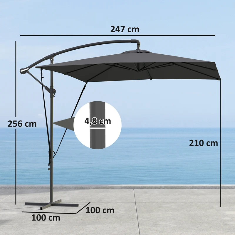 Outsunny Parasol Excéntrico 247x247 Cm Con Base Cruzada Manivela Gris Oscuro