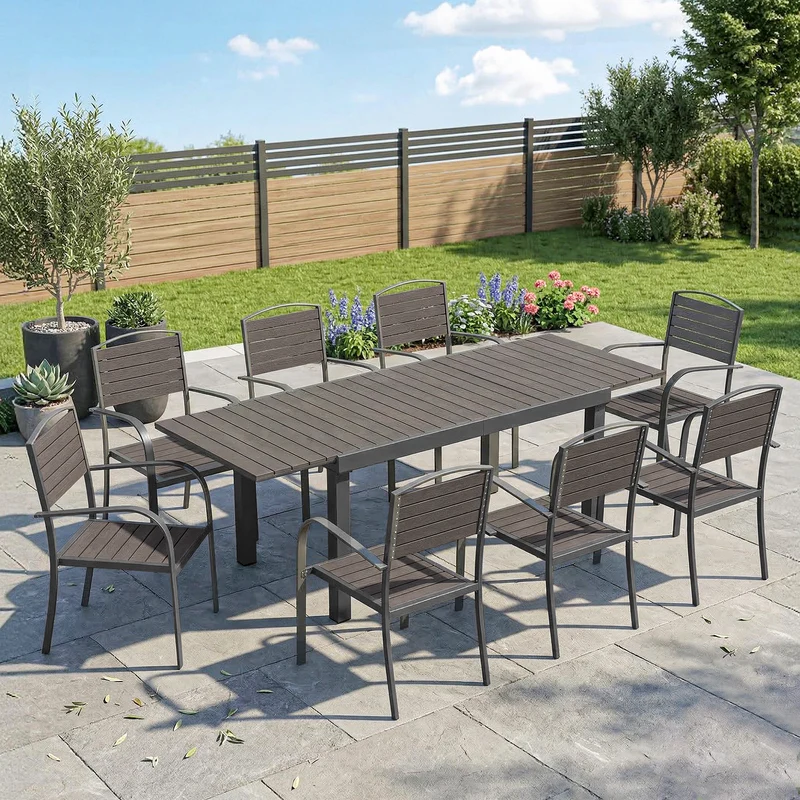 Outsunny Conjunto De Mesa Y Sillas Jardín Con 8 Sillas Y Mesa Extensible Gris