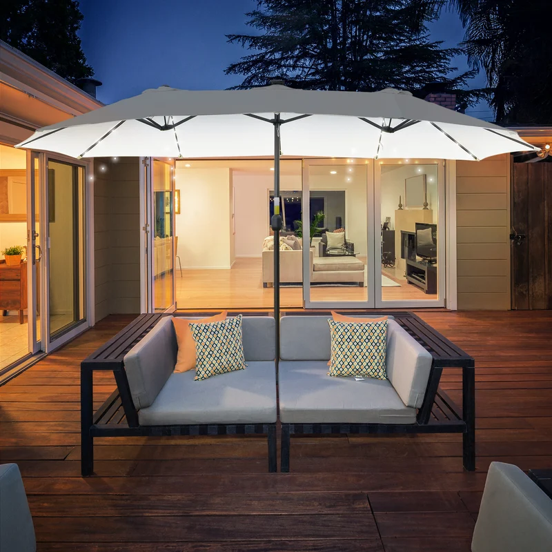 Outsunny Sombrilla Doble De Jardín Con 48 Luces Led Solar 450x265x240 Cm Crema