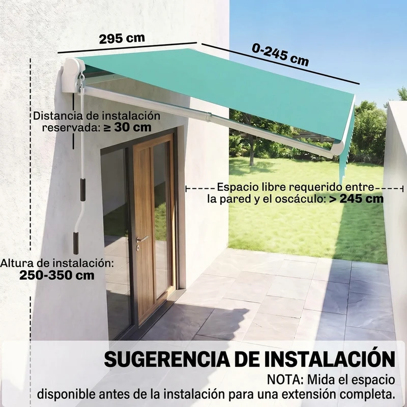 Outsunny Toldo Manual Retráctil Plegable Con Manivela Exterior 295x245 Cm Verde