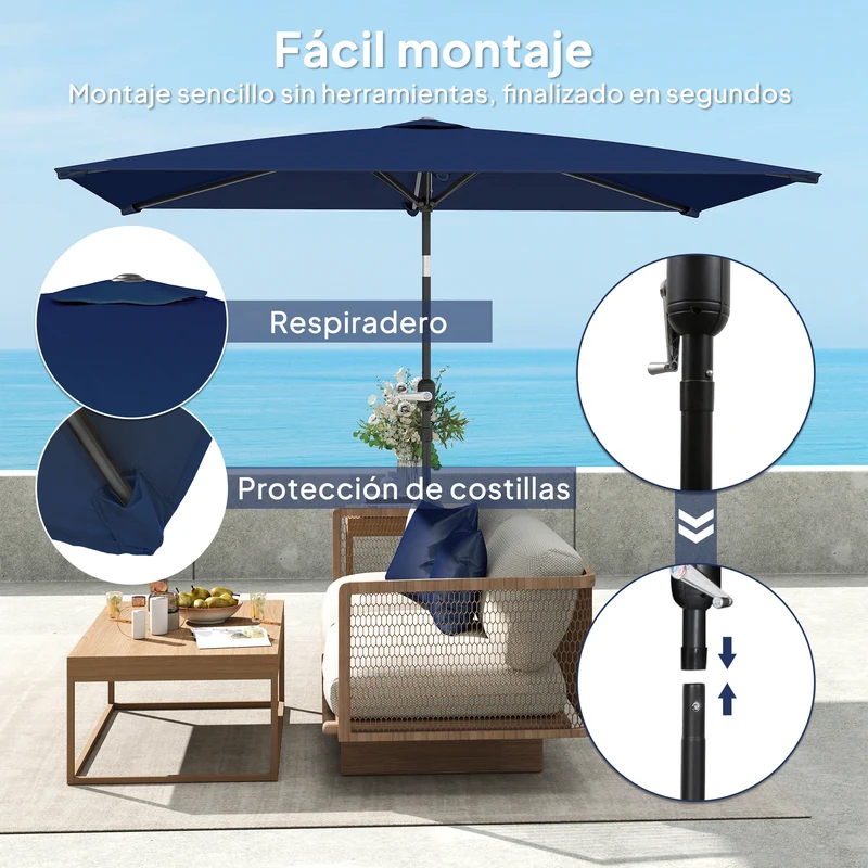 Outsunny Sombrilla De Terraza Exterior 200x300 Cm Ángulo Ajustable Azul Marino