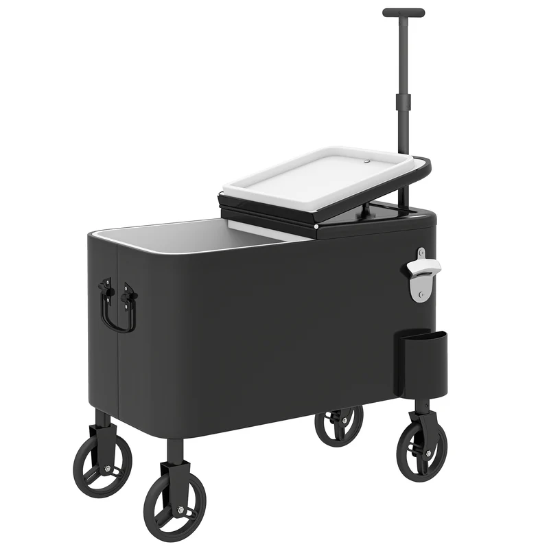 Outsunny Carrito Nevera De 56l Con Ruedas Mango Ajustable Abrebotellas Negro