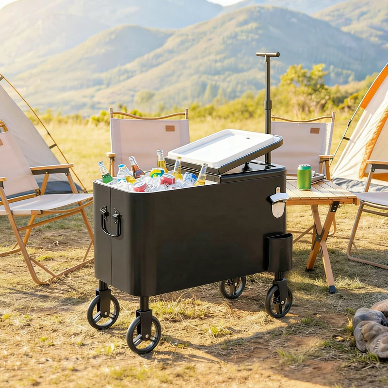 Outsunny Carrito Nevera De 56l Con Ruedas Mango Ajustable Abrebotellas Negro