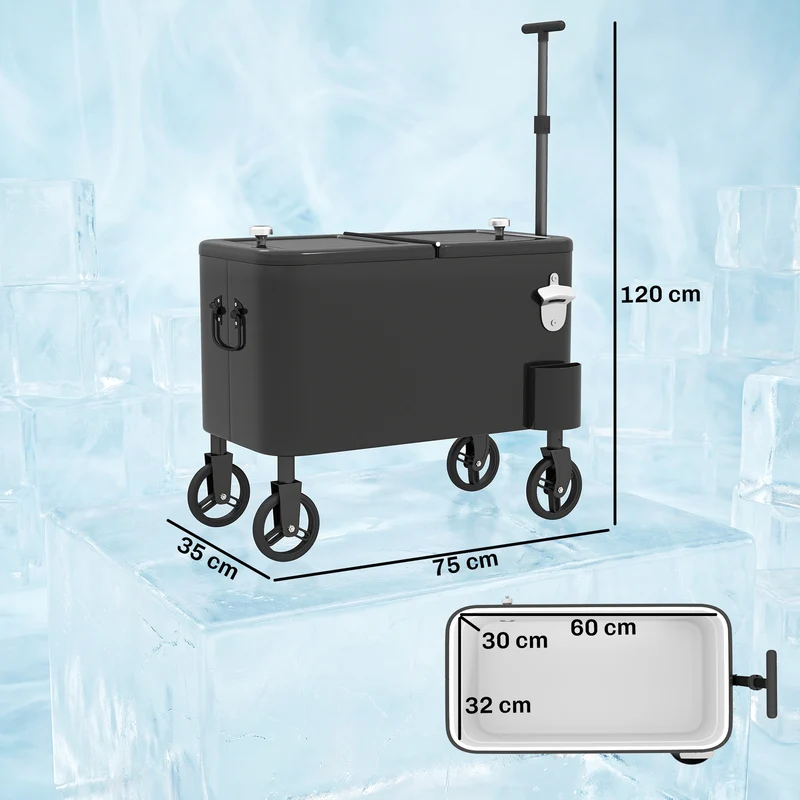 Outsunny Carrito Nevera De 56l Con Ruedas Mango Ajustable Abrebotellas Negro