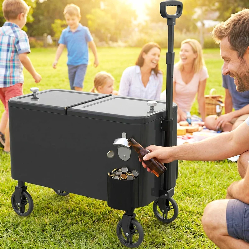 Outsunny Carrito Nevera De 56l Con Ruedas Mango Ajustable Abrebotellas Negro