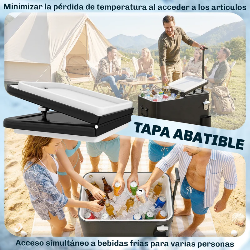 Outsunny Carrito Nevera De 56l Con Ruedas Mango Ajustable Abrebotellas Negro