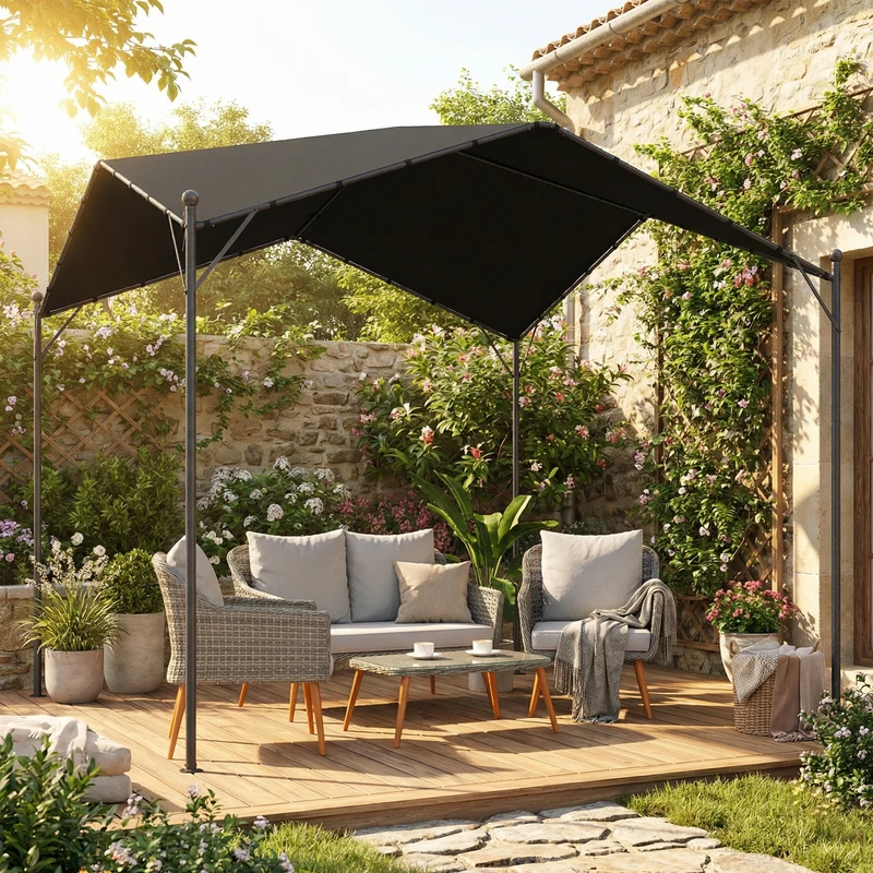 Outsunny Pérgola De Jardín 3x3 M Con Techo Inclinado Y Dosel Upf30+ Gris Oscuro