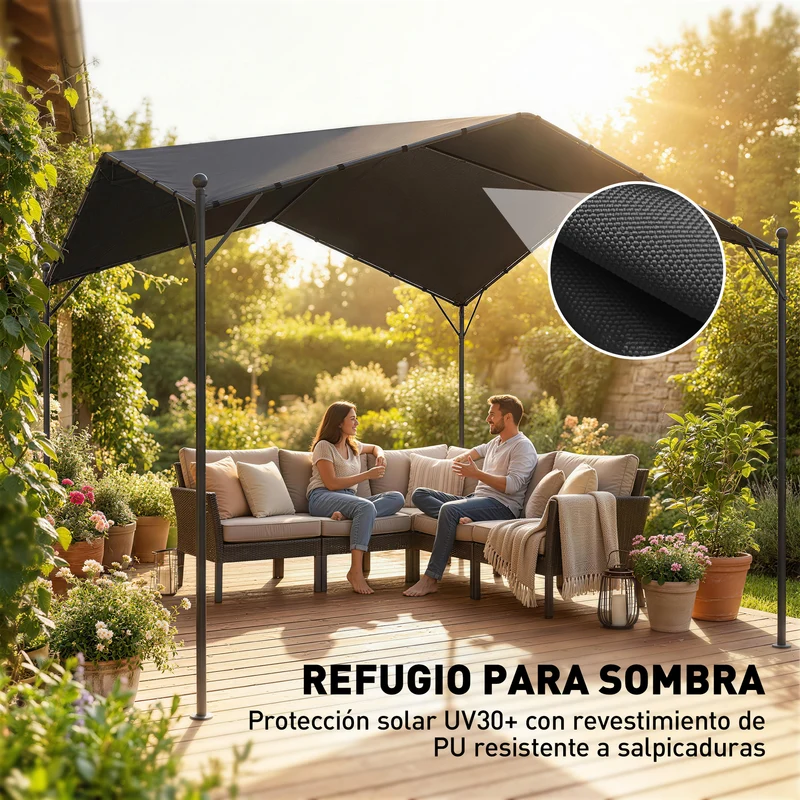 Outsunny Pérgola De Jardín 3x3 M Con Techo Inclinado Y Dosel Upf30+ Gris Oscuro
