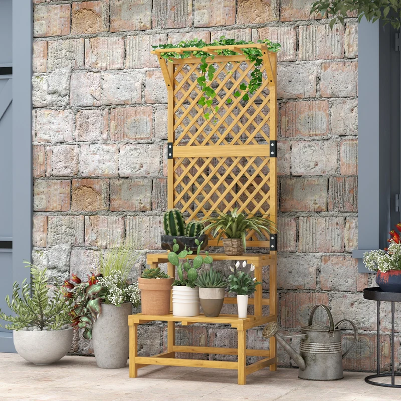 Outsunny Soporte Para Plantas De Madera De 2 Niveles Con Enrejado Natural