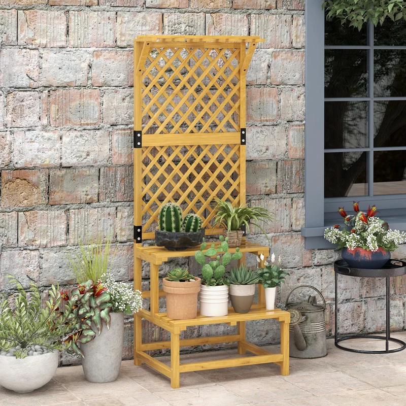 Outsunny Soporte Para Plantas De Madera De 2 Niveles Con Enrejado Natural