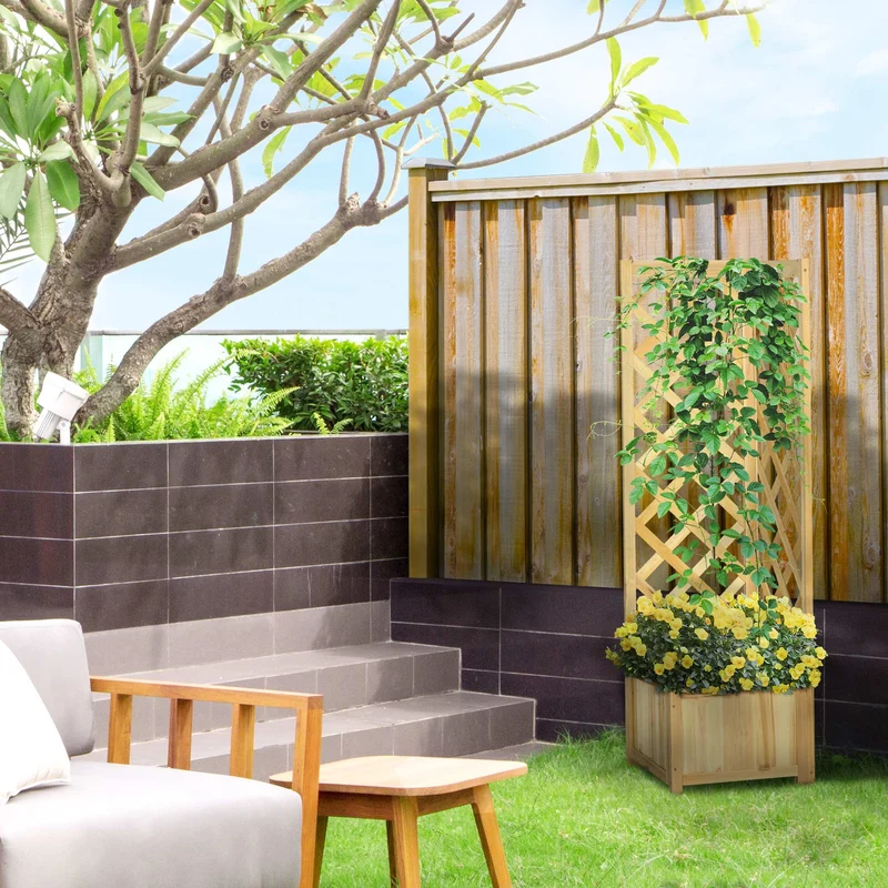Outsunny Jardinera Con Enrejado De Madera Para Trepadoras 40x40x145 Cm Natural