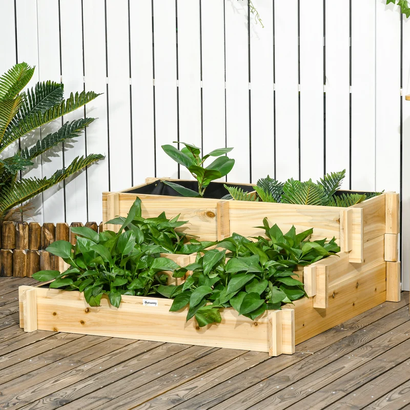 Outsunny Jardinera De Madera Con Diseño De Escalera 93x93x35 Cm Natural