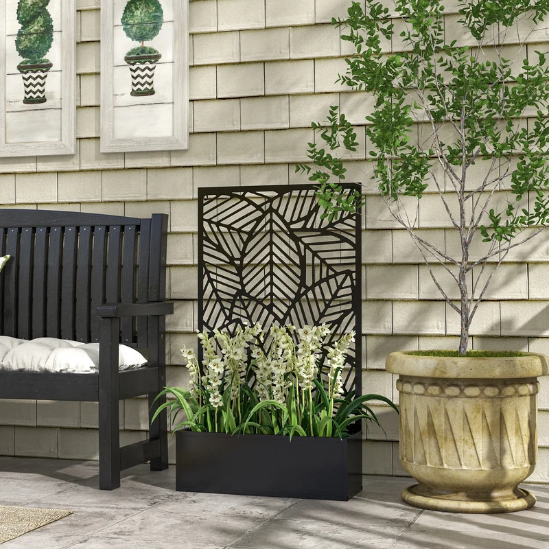 Outsunny Jardinera Con Biombo De Metal 61x23x113 Cm Negro