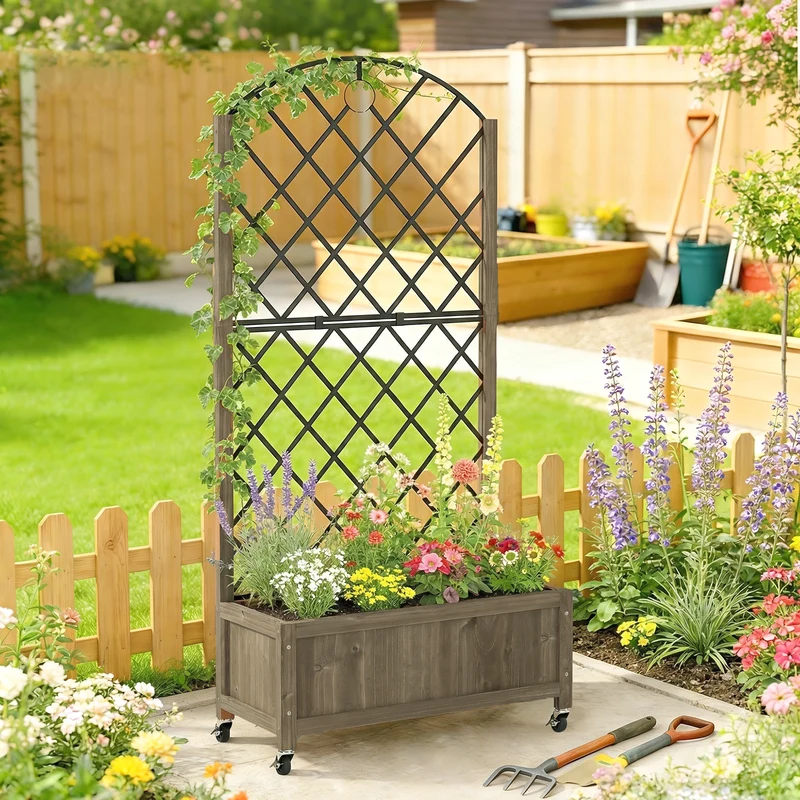 Outsunny Jardinera De Madera Con Enrejado Metálico Y Ruedas Carbonizado