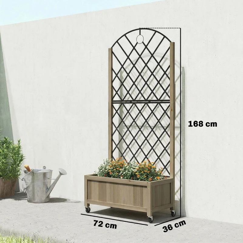 Outsunny Jardinera De Madera Con Enrejado Metálico Y Ruedas Carbonizado