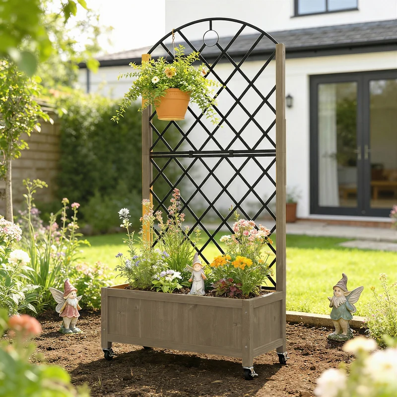 Outsunny Jardinera De Madera Con Enrejado Metálico Y Ruedas Carbonizado