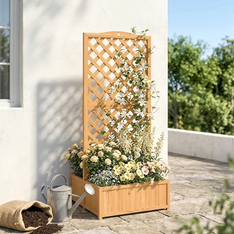 Outsunny Jardinera Con Enrejado De Madera Con 2 Cajas Plegables 73x70x170 Cm