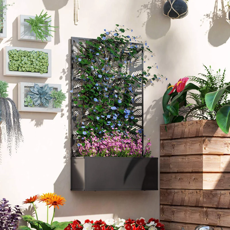 Outsunny Jardinera Exterior Grande De Metal Con Pantalla De Privacidad Negro