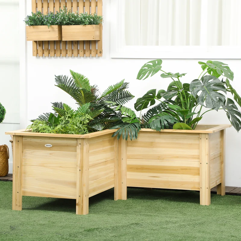 Outsunny Jardinera Elevada De Madera En Forma De L 120x120x50 Cm Natural