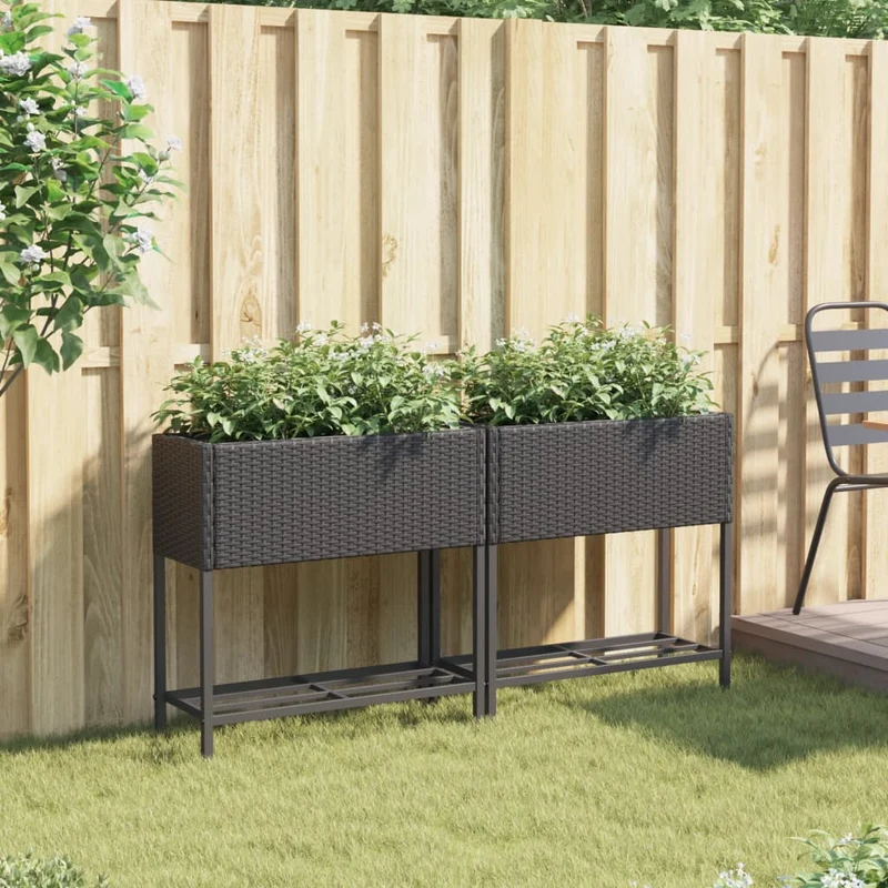 Jardineras Con Estante 2 Uds Ratán Sintético Negro 70x28x70 Cm