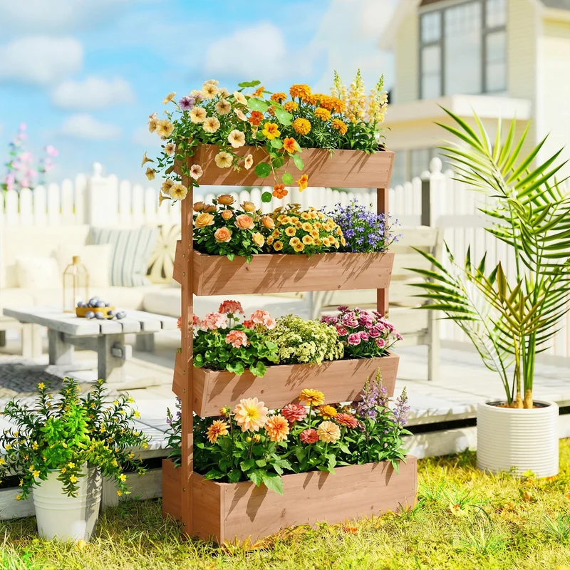 Outsunny Jardinera De Madera De 4 Niveles Con Orificios De Drenaje Marrón