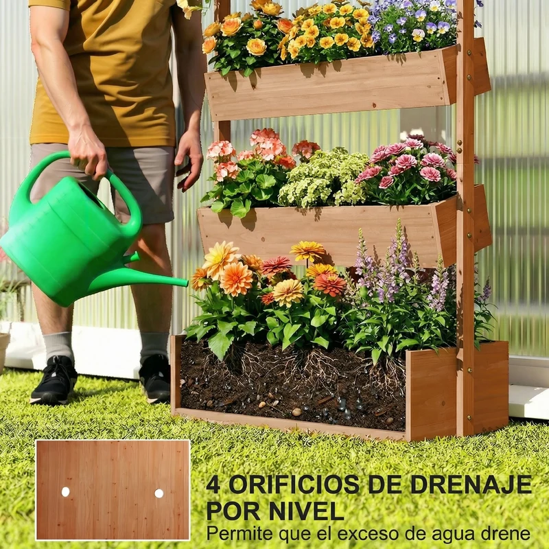 Outsunny Jardinera De Madera De 4 Niveles Con Orificios De Drenaje Marrón