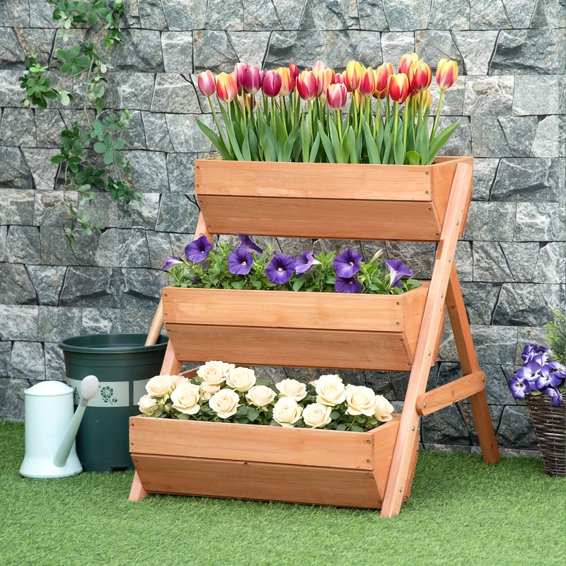 Outsunny Jardinera De Madera De 3 Niveles Con Orificios De Drenaje Marrón