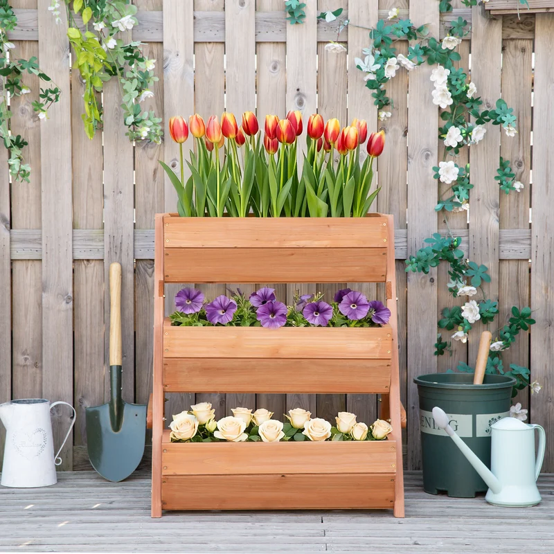 Outsunny Jardinera De Madera De 3 Niveles Con Orificios De Drenaje Marrón