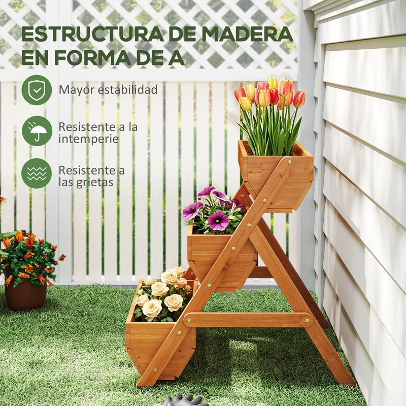 Outsunny Jardinera De Madera De 3 Niveles Con Orificios De Drenaje Marrón