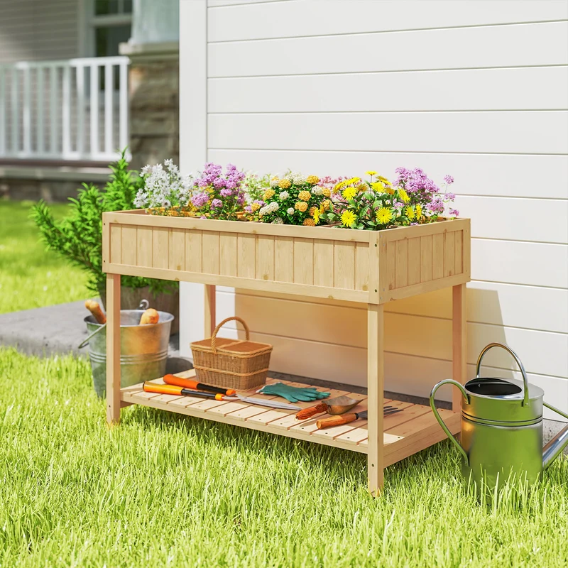 Outsunny Huerto Urbano Elevada De Madera Con Estante 110x46x76 Cm Natural