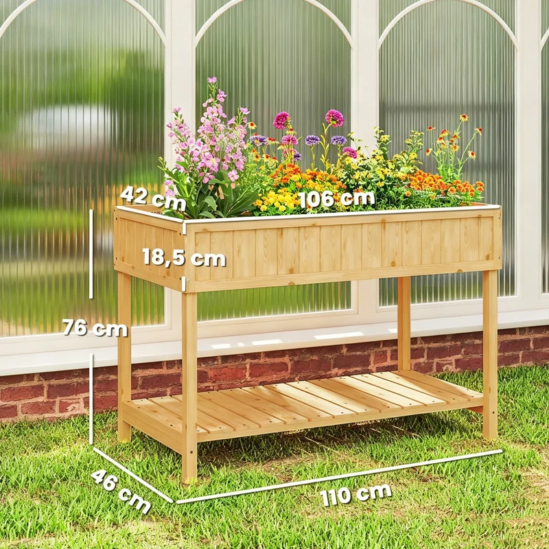 Outsunny Huerto Urbano Elevada De Madera Con Estante 110x46x76 Cm Natural