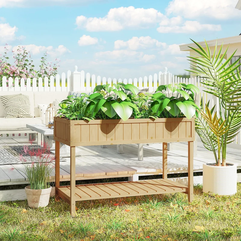 Outsunny Huerto Urbano Elevada De Madera Con Estante 110x46x76 Cm Natural