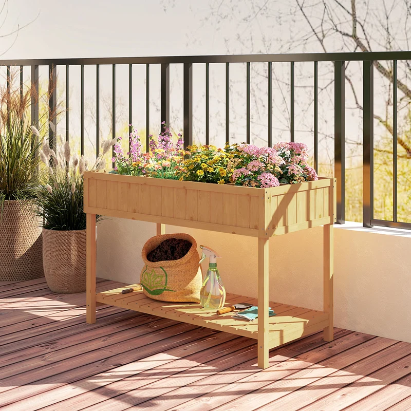 Outsunny Huerto Urbano Elevada De Madera Con Estante 110x46x76 Cm Natural