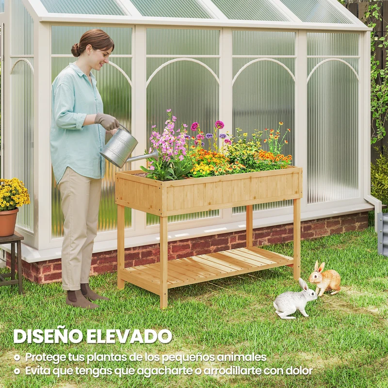 Outsunny Huerto Urbano Elevada De Madera Con Estante 110x46x76 Cm Natural