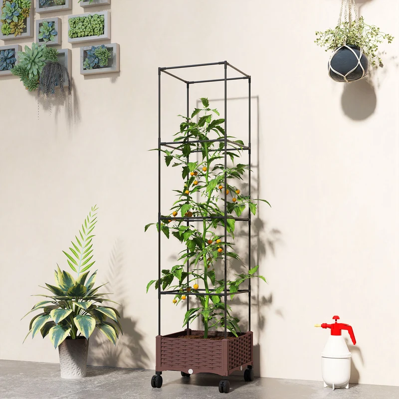 Outsunny Jardinera Con Enrejado Ruedas Para Cultivos Verduras 40x40x165 Cm