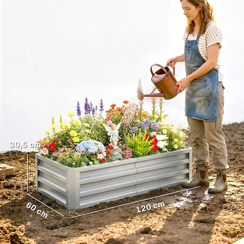 Outsunny Jardinera Elevada Rectangular De Acero Galvanizado 120x60x30,5 Cm Plata