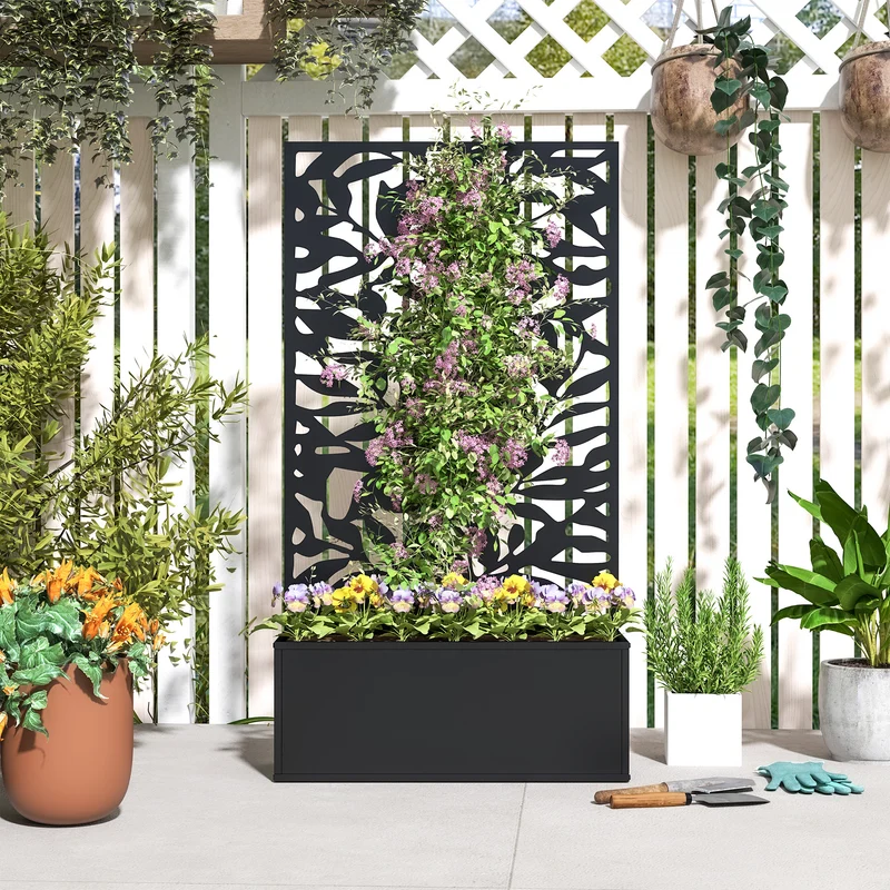 Outsunny Jardinera Exterior Grande De Metal Con Pantalla De Privacidad Negro