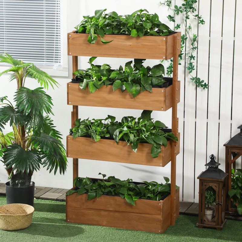 Outsunny Jardinera De Madera De 4 Niveles Con Orificios De Drenaje Naranja