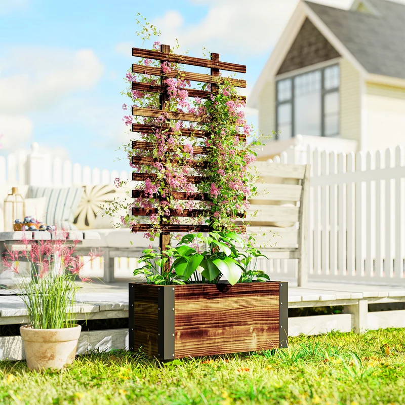 Outsunny Jardinera Con Ruedas Y Celosía 65x31x147 Cm Carbonizado