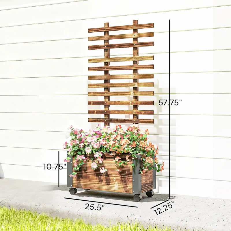 Outsunny Jardinera Con Ruedas Y Celosía 65x31x147 Cm Carbonizado