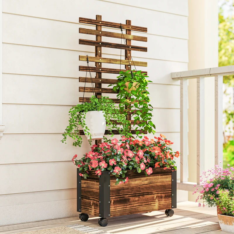 Outsunny Jardinera Con Ruedas Y Celosía 65x31x147 Cm Carbonizado