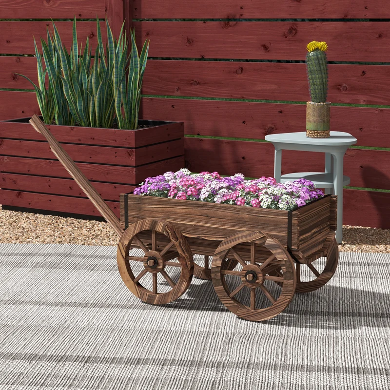 Outsunny Jardinera De Madera En Forma De Carrito 120x41x54 Cm Carbonizado