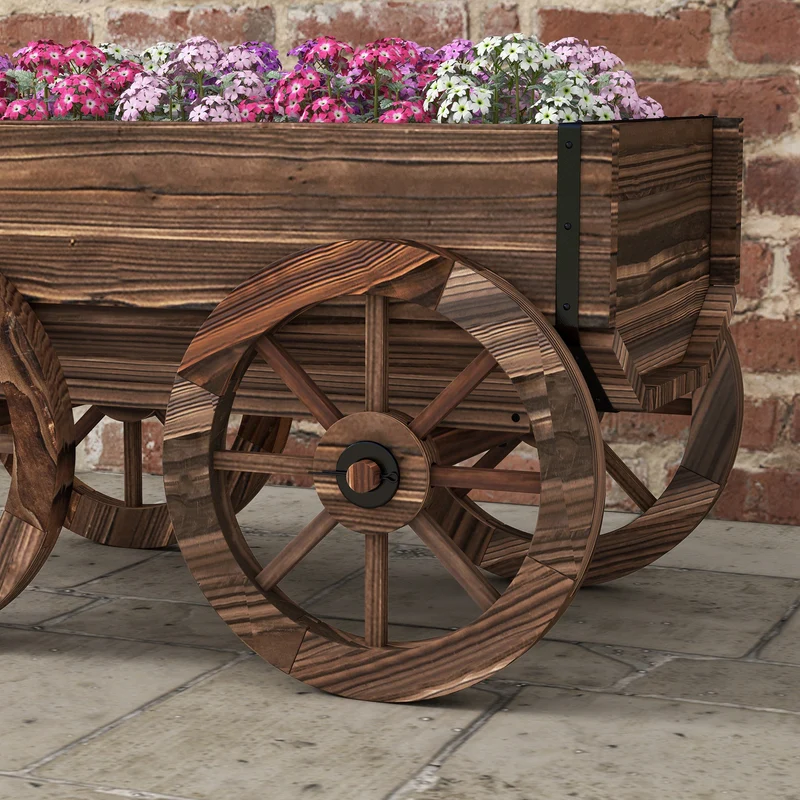Outsunny Jardinera De Madera En Forma De Carrito 120x41x54 Cm Carbonizado