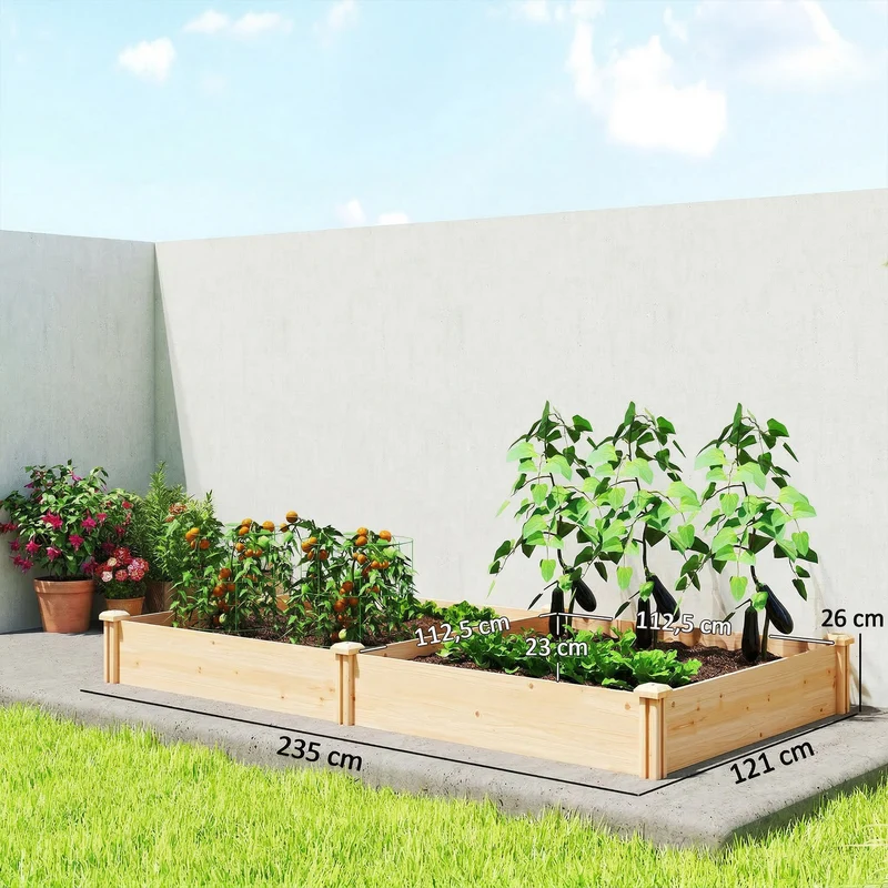 Outsunny Jardinera Elevada De Madera Con Divisor Y Base Abierta Natural