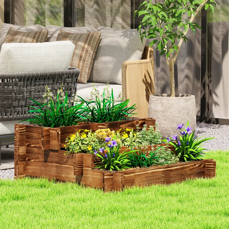 Outsunny Jardinera De Madera Con Diseño De Escalera 93x93x35 Cm Carbonizado
