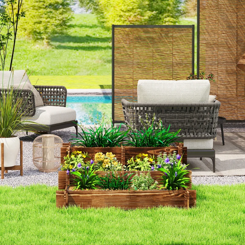 Outsunny Jardinera De Madera Con Diseño De Escalera 93x93x35 Cm Carbonizado