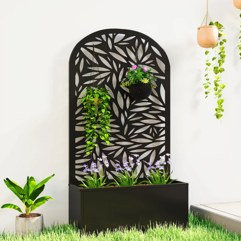 Outsunny Jardinera Exterior Grande De Metal Con Pantalla De Privacidad Negro