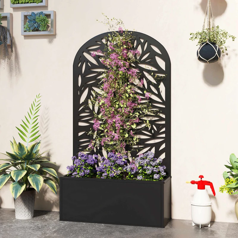 Outsunny Jardinera Exterior Grande De Metal Con Pantalla De Privacidad Negro