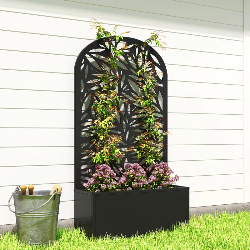 Outsunny Jardinera Exterior Grande De Metal Con Pantalla De Privacidad Negro
