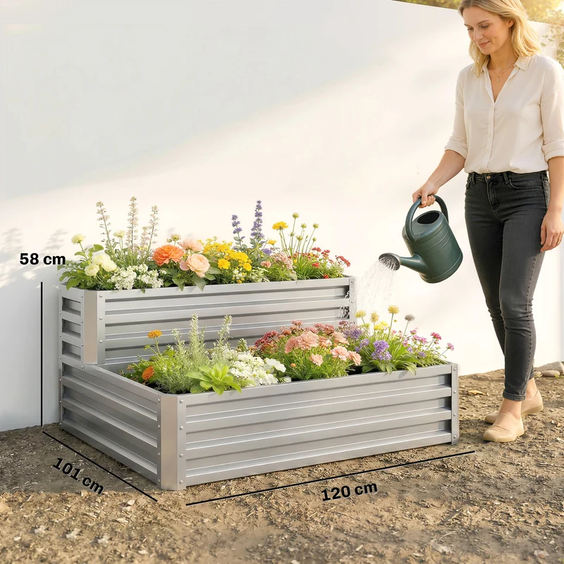 Outsunny Huerto Urbano De 2 Niveles Diseño De Escalera 120x101x58 Cm Plateado